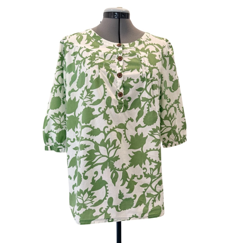 Style & Co Green Floral Cotton Tunic Top 3/4 Sleeve Wood Buttons 8P Vacation
